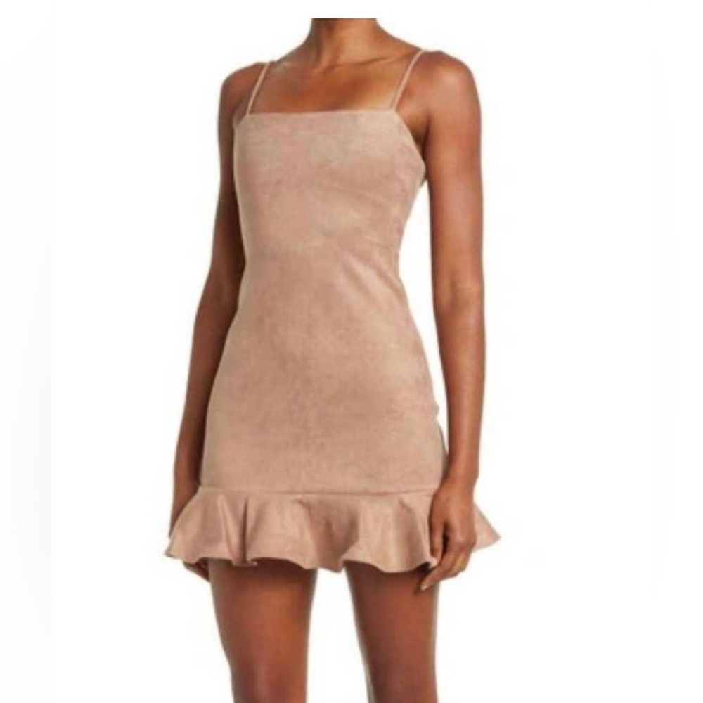 NWT Susana Monaco String Ruffle Faux Suede Mini Dress M Sand